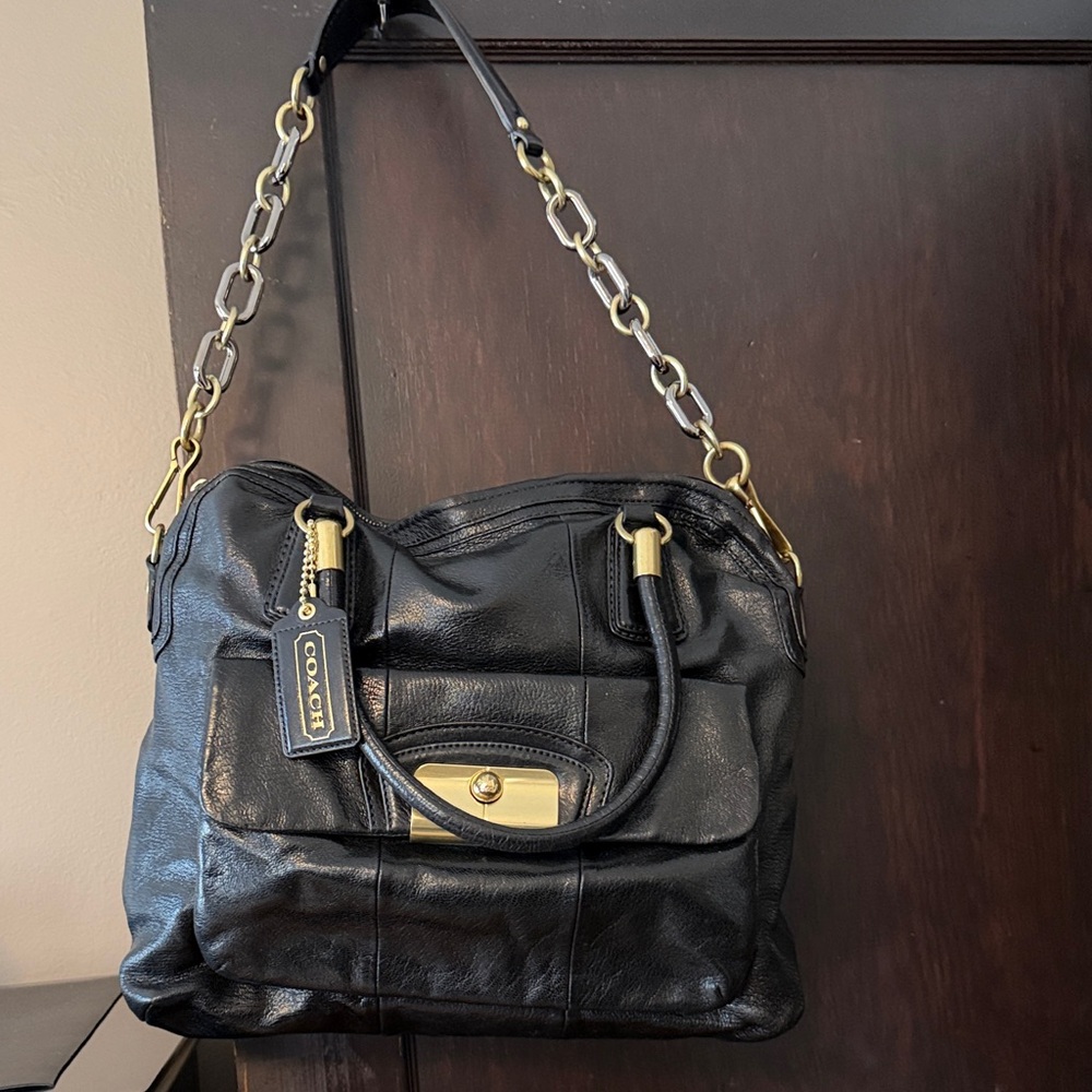 Coach Black Leather Shoulder Bag/Tote with Brass Accents